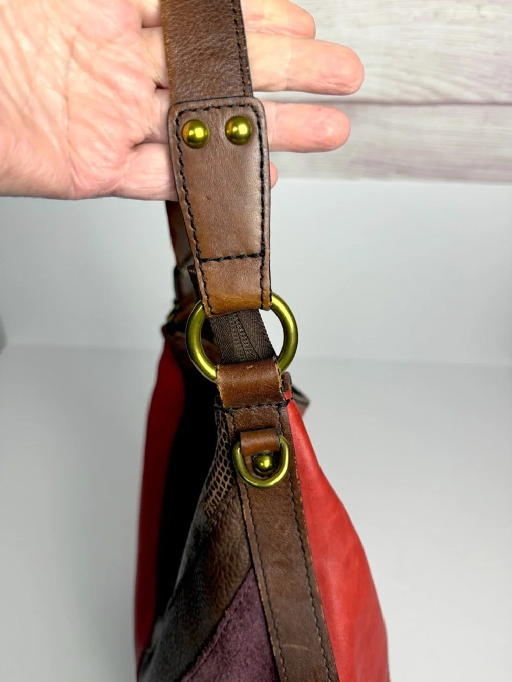 Fossil Patchwork Leather Hobo Bag Multicolor Brown Red Boho Key Charm Vintage